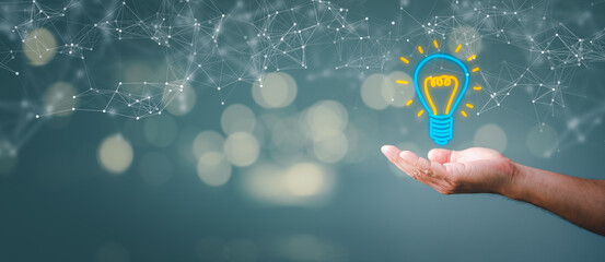 Poster - Idea, innovation and inspiration concept, creativity with hand draw light bulbs that shine glitter, new ideas with innovative technology and creativity, Hand of man holding illuminated light bulb.