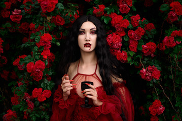 Vampire girl on a background of red roses