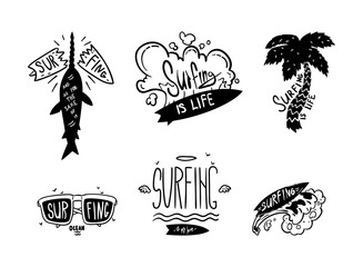 Sticker - Surfing Black Logo Design with Shark, Palm Tree, Surfboard, Wave and Sunglasses Vector Set