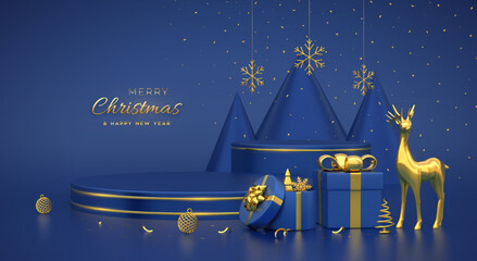 Wall Mural - Christmas Scene and 3D platforms with gold circle on blue background. Blank Pedestal with deer, snowflakes, balls, gift boxes, golden metallic cone shape pine, spruce trees. Vector illustration.