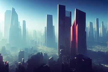 Wall Mural - Abstract futuristic future city, beautiful sun. Urban modern landscape. High rise buildings. Unreal world. 3D illustration.