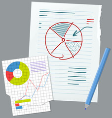 Poster - Business process diagram on paper sheet. Data analysis, audit, project management, marketing research concept. Financial accounting and work with statistics concept. Analytics for graphs and charts