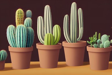 Wall Mural - Cartoon potted cactuses, desert plants, cacti and succulents. Indoor potted plants, botanical green cactus flowers illustration . Cactuses in pots, cartoon nature cactus flowers