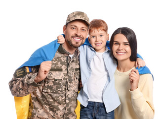 Wall Mural - Ukrainian defender in military uniform and his family with flag on white background