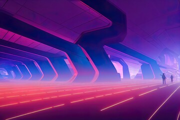 Canvas Print - 3d rendering of spaceship corridor neon glowing blue purple background futuristic. Cyberpunk concept. Scene for advertising, showroom, technology, future, modern, sport, metaverse. Sci Fi Illustration