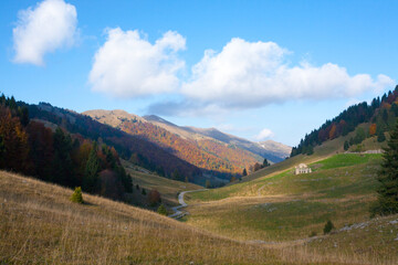 Mount Grappa autumn landscape. Italian Alps view