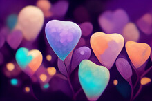 A Creative Illustration Of Pink, Blue And Purple Hearts With Colorful Background Bokkeh Blur.