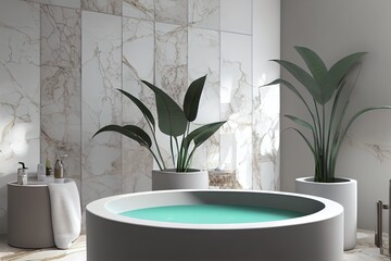 Poster - Realistic 3D render blank empty round table for beauty products display with white ceramic bathtub in modern luxury bathroom , marble wall tiles, mediterranean green plants, towel. Morning sunlight.