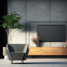 Cabinet TV In Modern Living Room With Armchair And Plant On Concrete Wall Background.3d Rendering