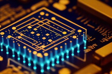 Poster - an advanced cpu printed with an european union flag on a neon glowing electronic circuit board. 3d i