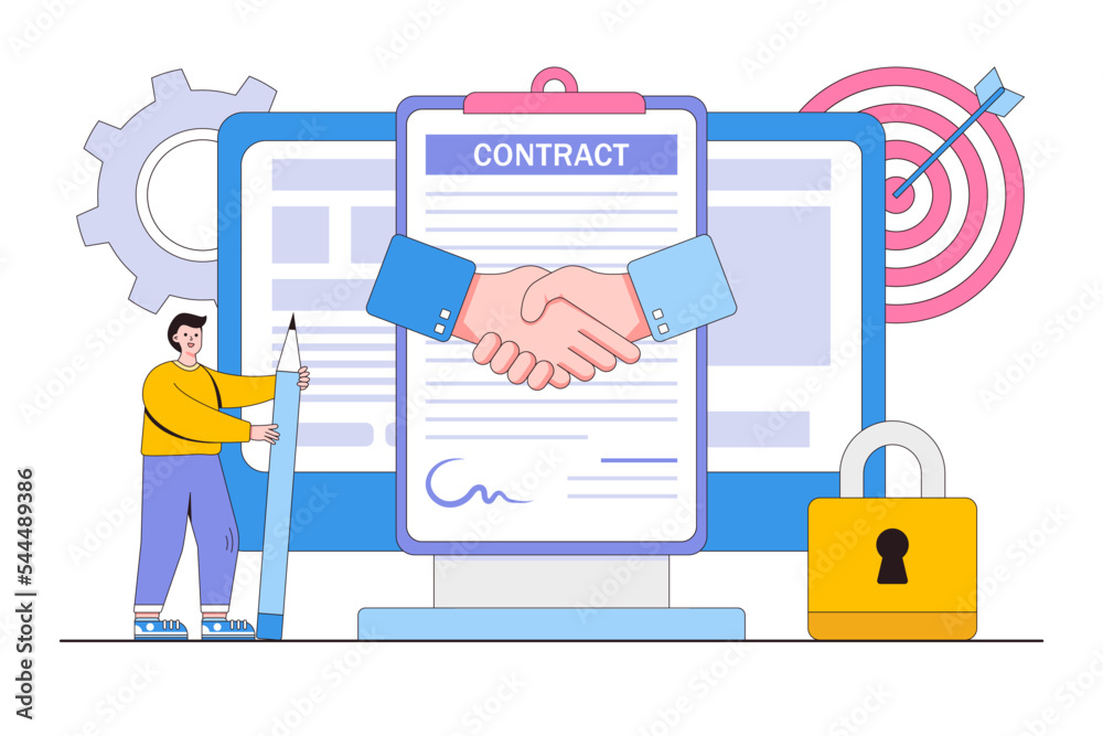 Flat electronic contract with people characters concept. Outline design ...