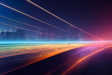 Poster - 3D Rendering of warp speed in hyper loop with blur light from buildings' lights in mega city at night. Concept of next generation technology, fin tech, big data, 5g fast network, machine learning