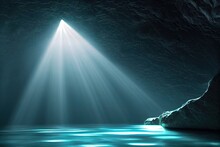 Rays Of Sunlight Through The Holes In The Cave Illuminate The Blue Water. Transparent Pools In The Cave Flow In Cascades. Stone Gray Walls, The Inner Side Of The Rock. 3d Artwork