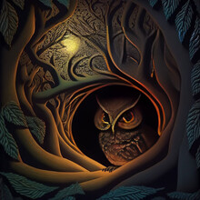 Owl In Tree Paper Simulation 3d Render