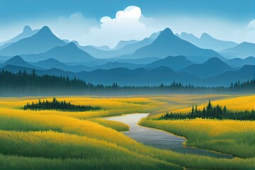 Poster - Summer river mountain calm landscape illustration. Cartoon nature trees and green grass on shore riverside, pine evergreen forest and mountains on horizon under sky with clouds background