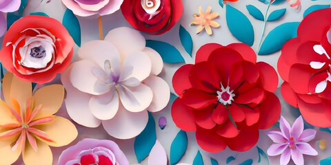 Wall Mural - 3d render, digital illustration, colorful paper flowers wallpaper, spring summer background, floral bouquet, vibrant colors, mint pink orange yellow