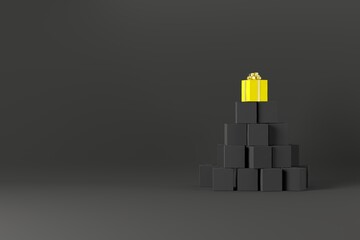 Poster - outstanding pile yellow gift box stacked on top black gift box set on black background. 3d illustrat