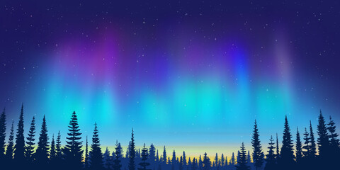aurora borealis and forest on the horizon, northern lights and stars, winter holiday illustration