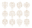 Set of twelve zodiac astrology signs for horoscope, calendar. Capricorn, Aquarius, Pisces, Aries, Taurus, Gemini symbols of esoteric, zodiacal horoscope constellation thin line vector illustration