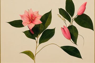 A white sheet of paper shows flowers with pink petals, golden buds, and green leaves. The trunks of the plants and the veins of the leaves are gold. The leaves are oblong in shape.