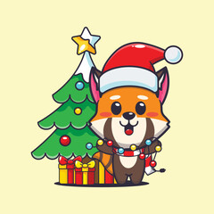 Wall Mural - Cute red panda with christmast lamp. Cute christmas cartoon illustration. 