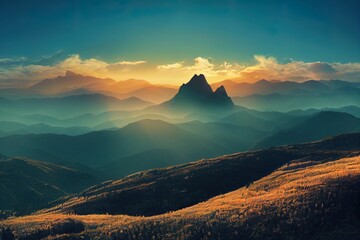 Sticker - Panoramic image of the mountains with wonderful light. Stunning natural scenery. Popular tourist destination. Travel, adventure, concept image. Exceptional natural background.