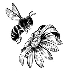 Flying bee and blossoming flower. Ink black and white drawing