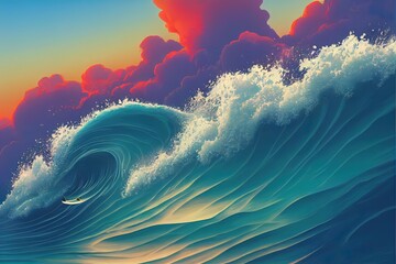 Canvas Print - 3d illustration of ocean isolated with clouds. Travel and vacation background. beautiful Surfing waves with underwater scene isolated.