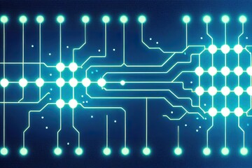 Poster - Microchip or microprocessor, hardware engineering. Futuristic microchip processor with lights on the blue background. Quantum computer, large data processing, database concept. Future technology