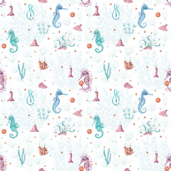 Wall Mural - Watercolor underwater seamless pattern of seahorse, laminaria and coral. Underwater animals and plant isolated on white background. Aquatic illustration for design, print or background