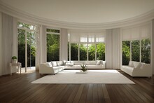 Modern Luxury Classical Style Empty White Room With Nature View 3d Render,There Are Wooden Floors And Arch Shape Window, Overlooking Green Lawn And Garden