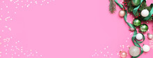 Banner With Christmas Decorations On Pink Background With Space For Text