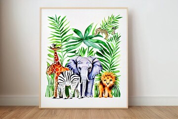 Canvas Print - Safari animals watercolor illustration with baby elephant, lion, zebra, giraffe, rhinoceros and tropical jungle foliage for nursery