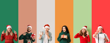 Collage Of People Waiting For Christmas On Color Background