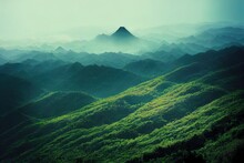 The Mountains Of Korea Have Become Impressive Landscapes Due To The Blue Sky And Fog.