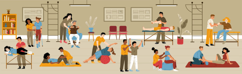 Physical therapy, rehab concept. People applying rehabilitation in clinic interior. Therapist work with disabled patients recuperate activity during physio procedure Cartoon linear vector illustration