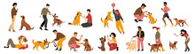 Happy People Playing With Dogs And Smiling, Flat Vector Illustration Set Isolated On White Background. Male And Female Characters Having Fun, Training, Walking Pets. Human And Animal Friendship