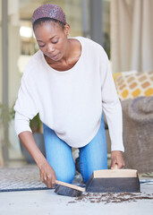 Sticker - Dust, woman and cleaning on a floor, sweeping and scoop in a living room for hygiene, wellness and healthy home space. Dirt, black woman and carpet clean for spring cleaning, clutter and tidy