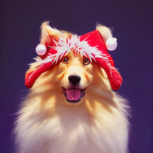 Rough Collie Dog In Red Christmas Hat