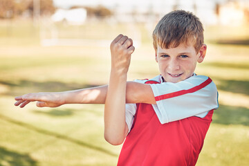 Soccer field, boy and kid stretching exercise, workout and training on grass field, pitch or park outdoors. Young child, football player and warm up in sports games, performance and youth competition