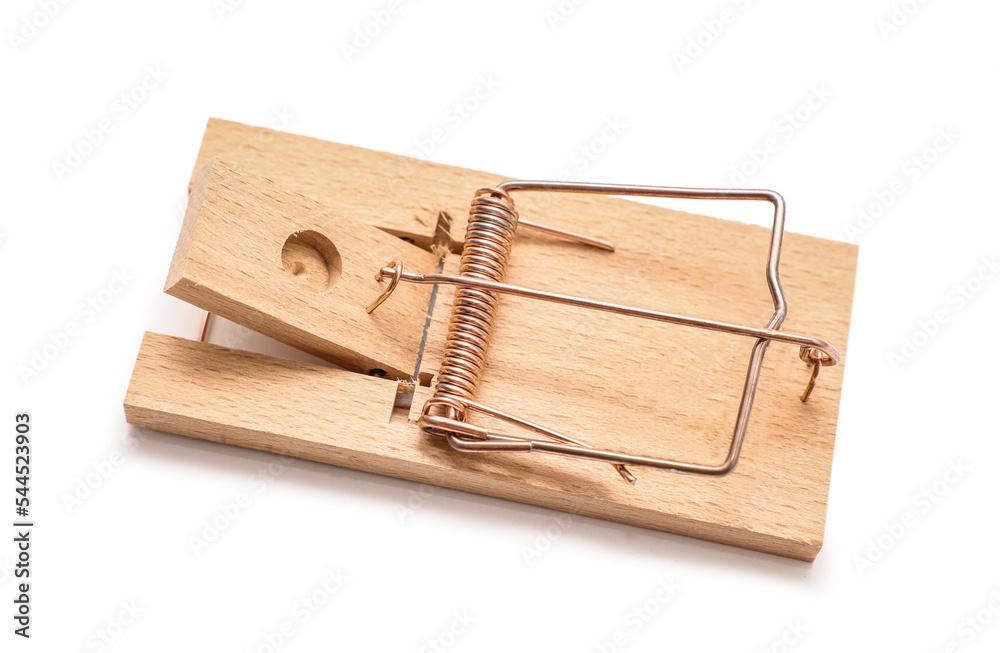 Empty wooden mousetrap on white background
