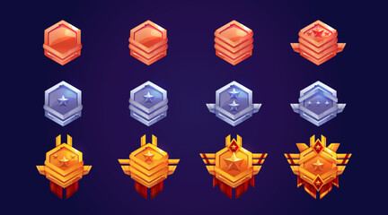 Poster - Game rank icons, bronze, silver and gold level badges evolution. Metallic ui hexagon medals with military stars and wings. Isolated metal reward, trophy achievement graphic elements vector set for rpg