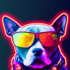 Poster - cyberpunk Pitbull dog with sunglasses, dressed in neon color clothes