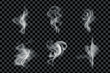 Steam smoke 3d set in realism design. Bundle of curved smoke flow of different forms for tea, coffee, cigarette or hookah effects, fog and mist swirl isolated realistic elements. Vector illustration