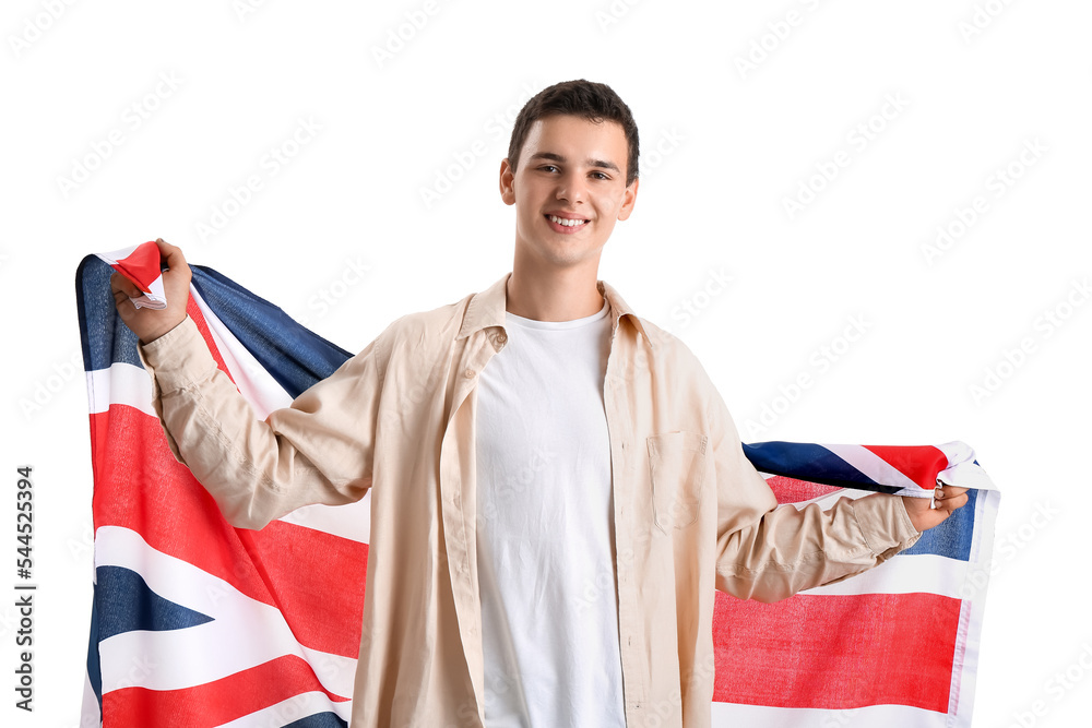 Teenage boy with UK flag on white background