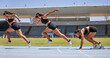 © L Ismail/peopleimages.com - Athlete, running sequence or fitness training, stadium track exercise or workout race for marathon, competition or sports event. Runner, woman or sprinting speed composite in energy, power or arena
