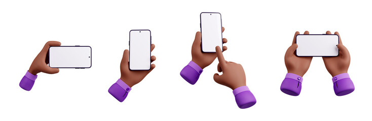 Poster - 3D illustration set of african american hands using smartphone mockup isolated on white. Business character scrolling touch screen, chatting online, watching video on gadget, having online call
