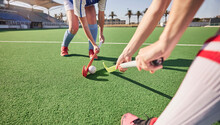 Sports Game, Field Hockey And Women Challenge For Ball In Dynamic Club Competition, Workout Performance Or Practice Match. Fitness Exercise, Training Action And Athlete Battle Tackle On Stadium Turf