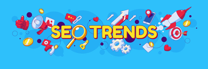 Poster - seo trends cartoon banners in contemporary style with smartphone, loudspeaker, glass. arrows and tar