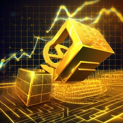 Poster - Digital cryptocurrency block chain market Bitcoin Ethereum token coin symbol graph rising trend concept, online network digital money currency technology computer encryption, banner gold background